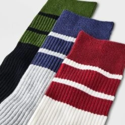Men's Striped Ribbed Crew Socks 3pk - Goodfellow & Co™ Blue/Green/Red 6-12